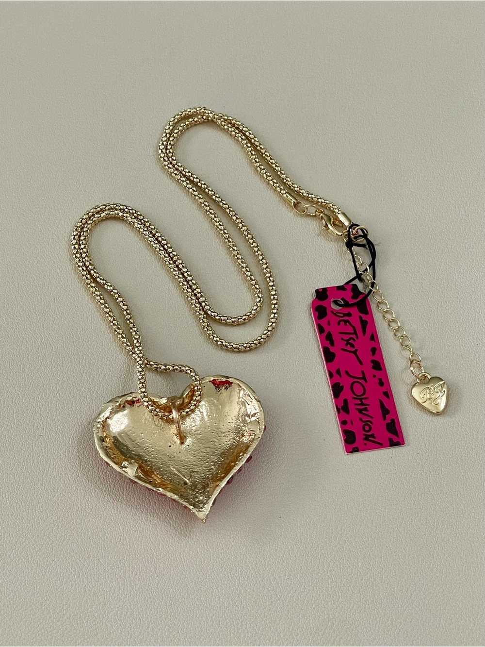 Betsey Johnson Gold-Tone Necklace with Pink Crystal Pave Heart Pendant - Picture 4 of 7